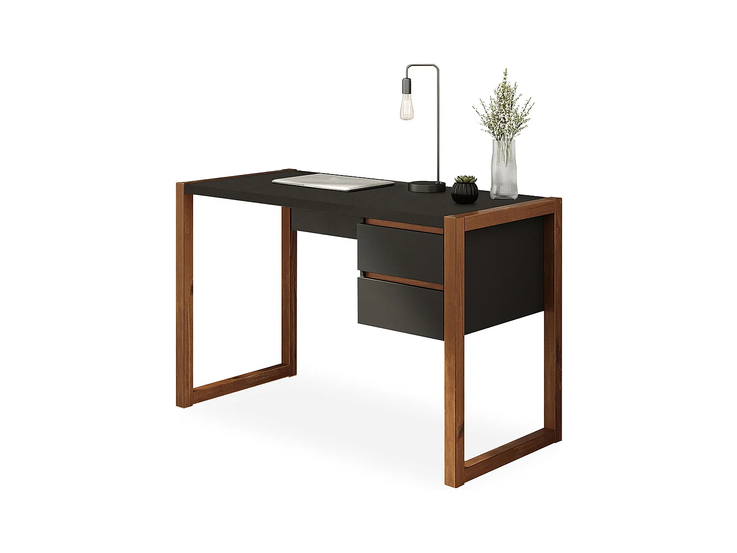 Bureau en Bois Belinda L 119 cm 2 Tiroirs Coloris Noir et Châtaignier Table de Travail Bureau Droit Compact