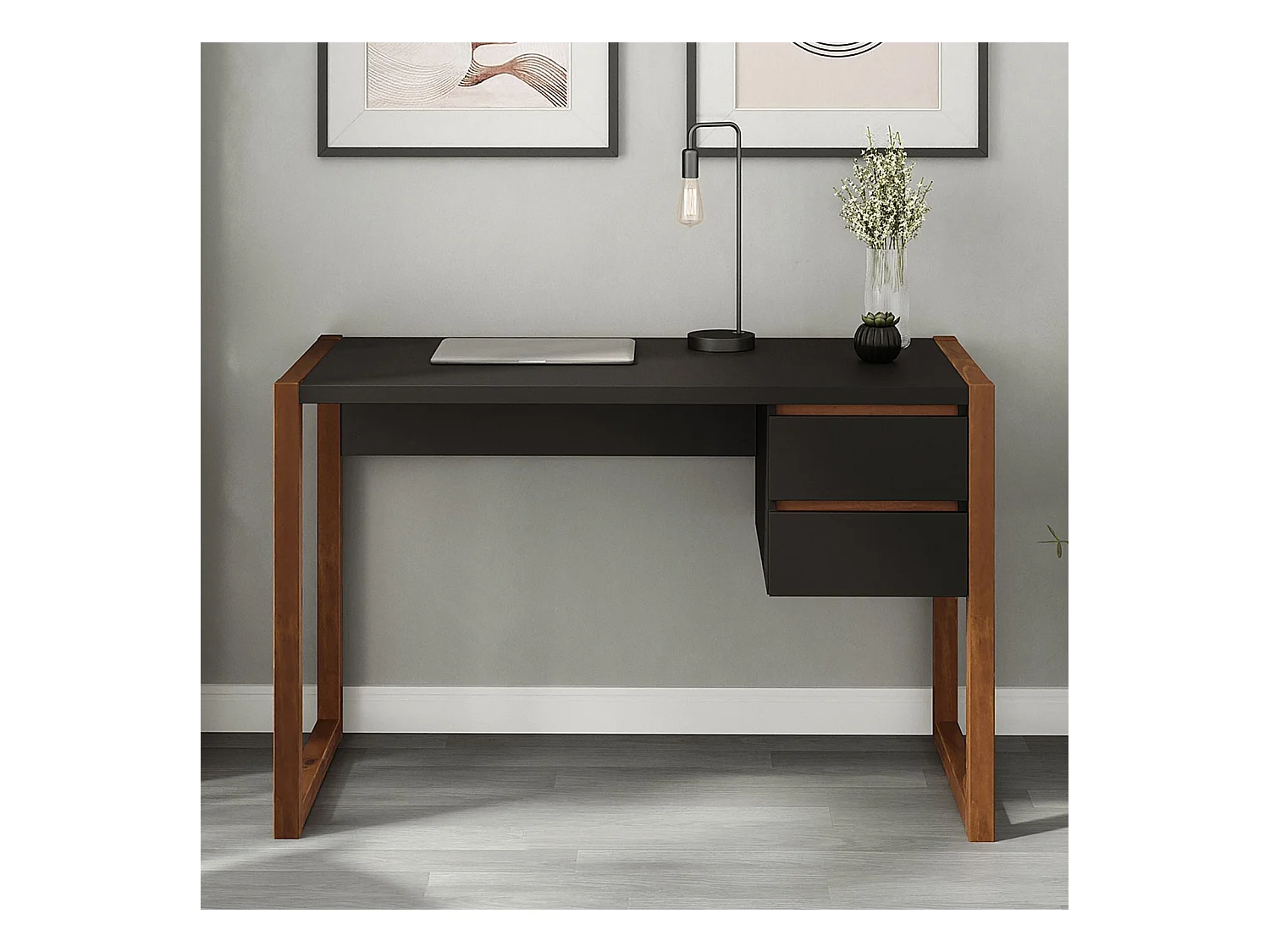 Bureau en Bois Belinda L 119 cm 2 Tiroirs Coloris Noir et Châtaignier Table de Travail Bureau Droit Compact