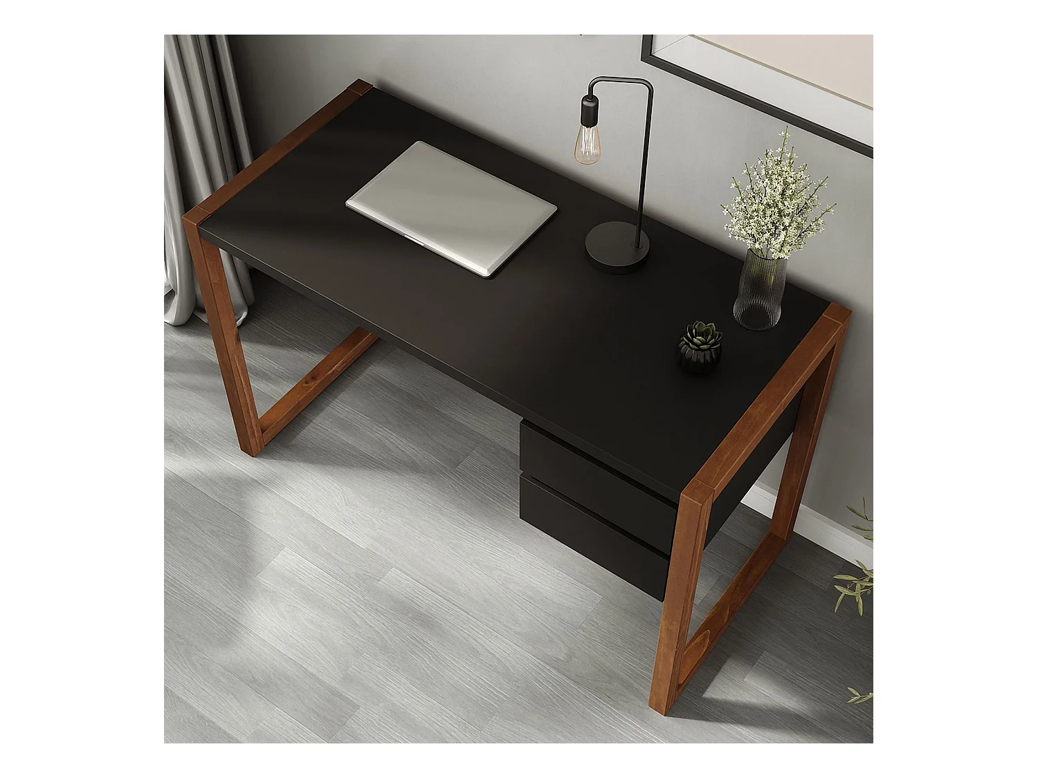 Bureau en Bois Belinda L 119 cm 2 Tiroirs Coloris Noir et Châtaignier Table de Travail Bureau Droit Compact