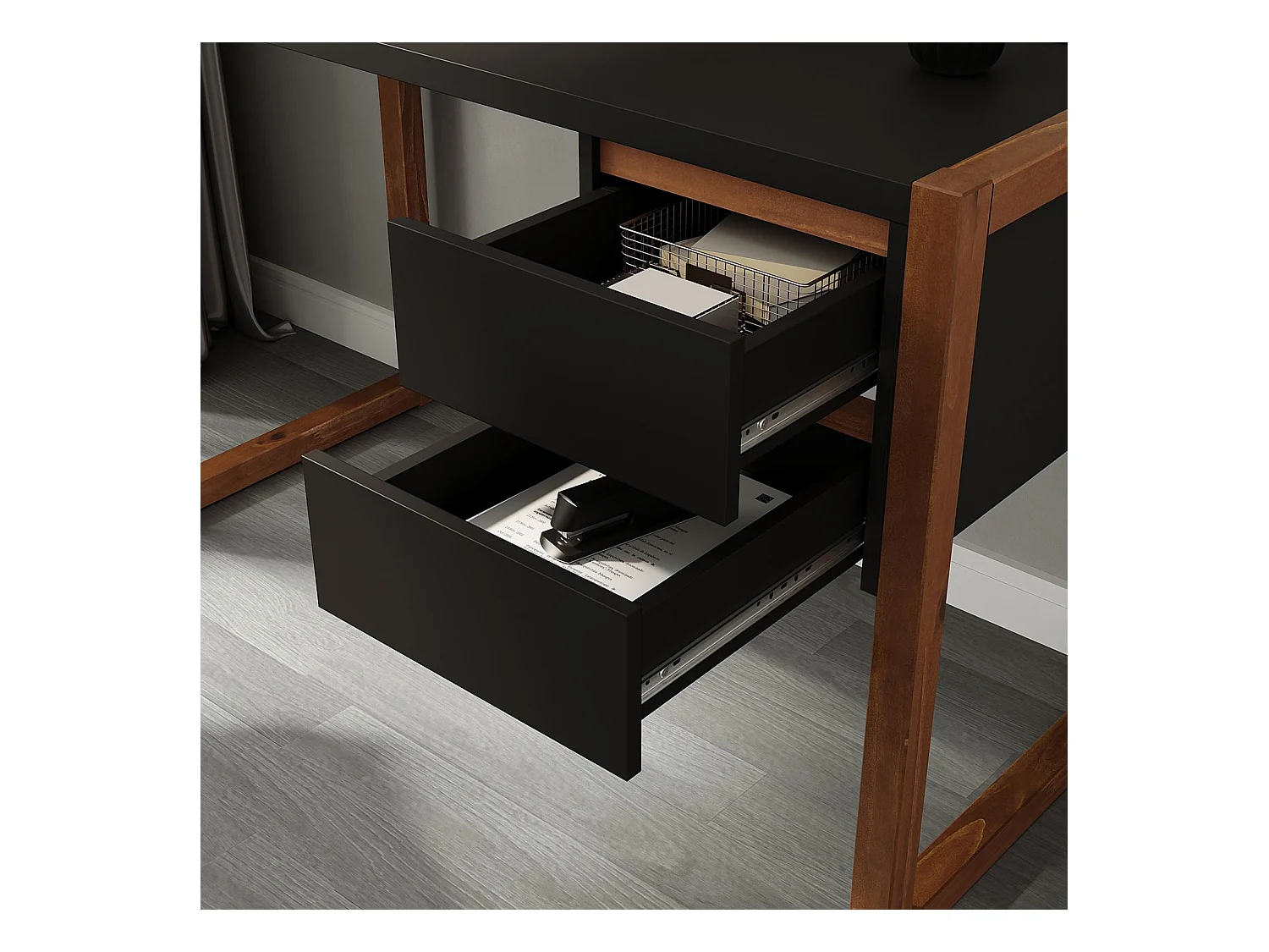 Bureau en Bois Belinda L 119 cm 2 Tiroirs Coloris Noir et Châtaignier Table de Travail Bureau Droit Compact