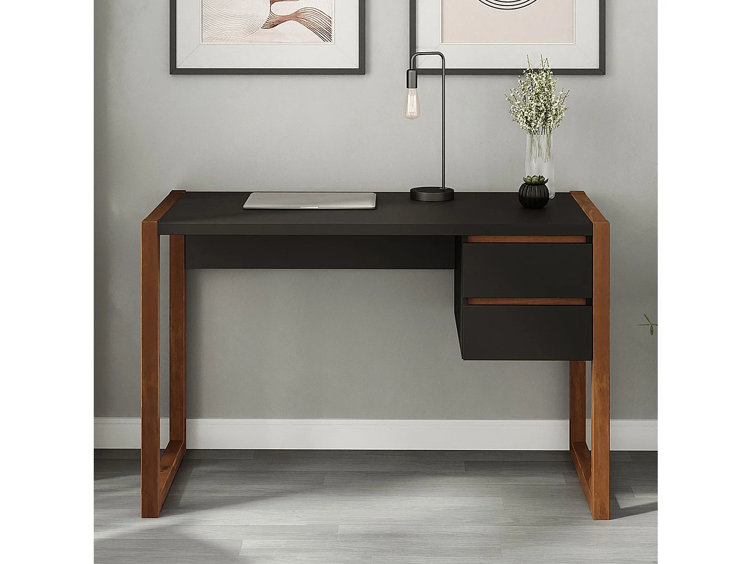 Bureau en Bois Belinda L 119 cm 2 Tiroirs Coloris Noir et Châtaignier Table de Travail Bureau Droit Compact