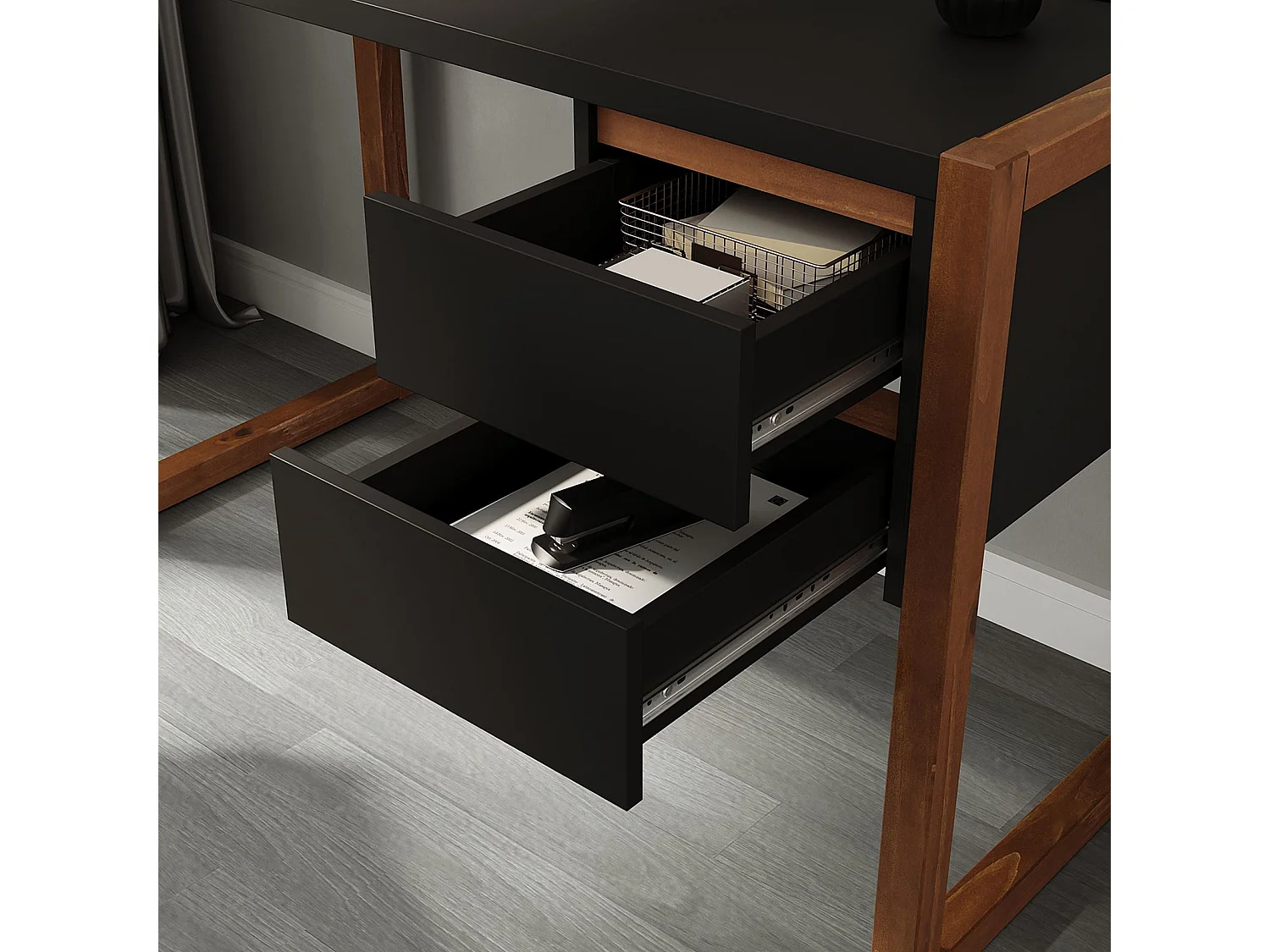 Bureau en Bois Belinda L 119 cm 2 Tiroirs Coloris Noir et Châtaignier Table de Travail Bureau Droit Compact