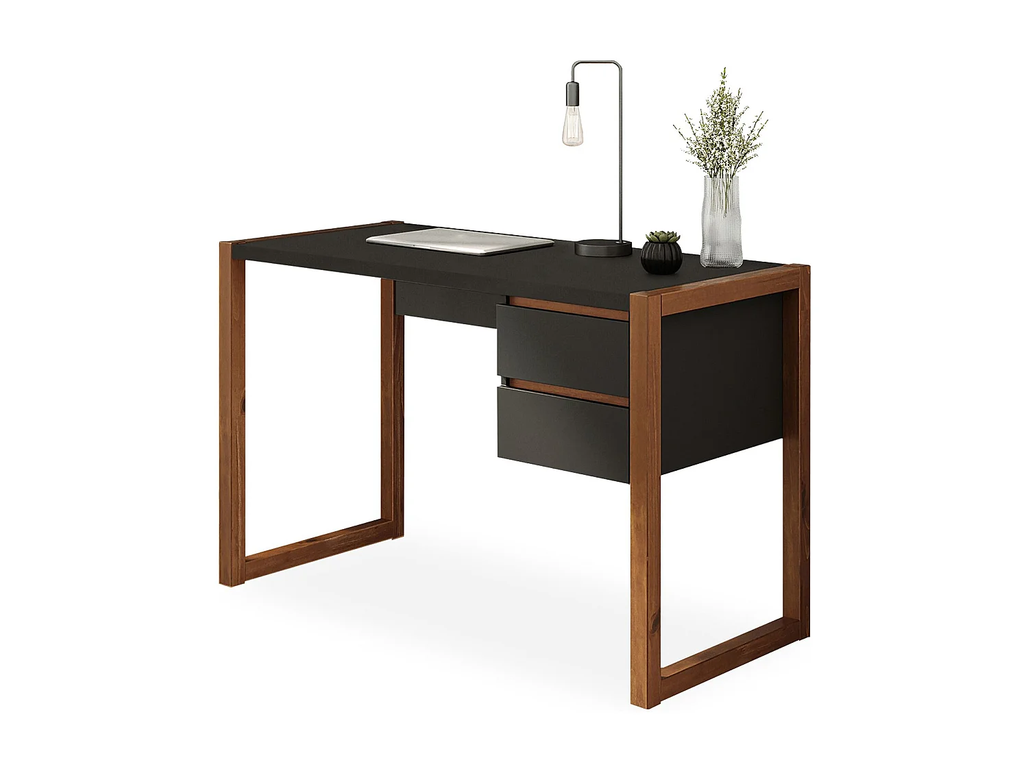 Bureau en Bois Belinda L 119 cm 2 Tiroirs Coloris Noir et Châtaignier Table de Travail Bureau Droit Compact
