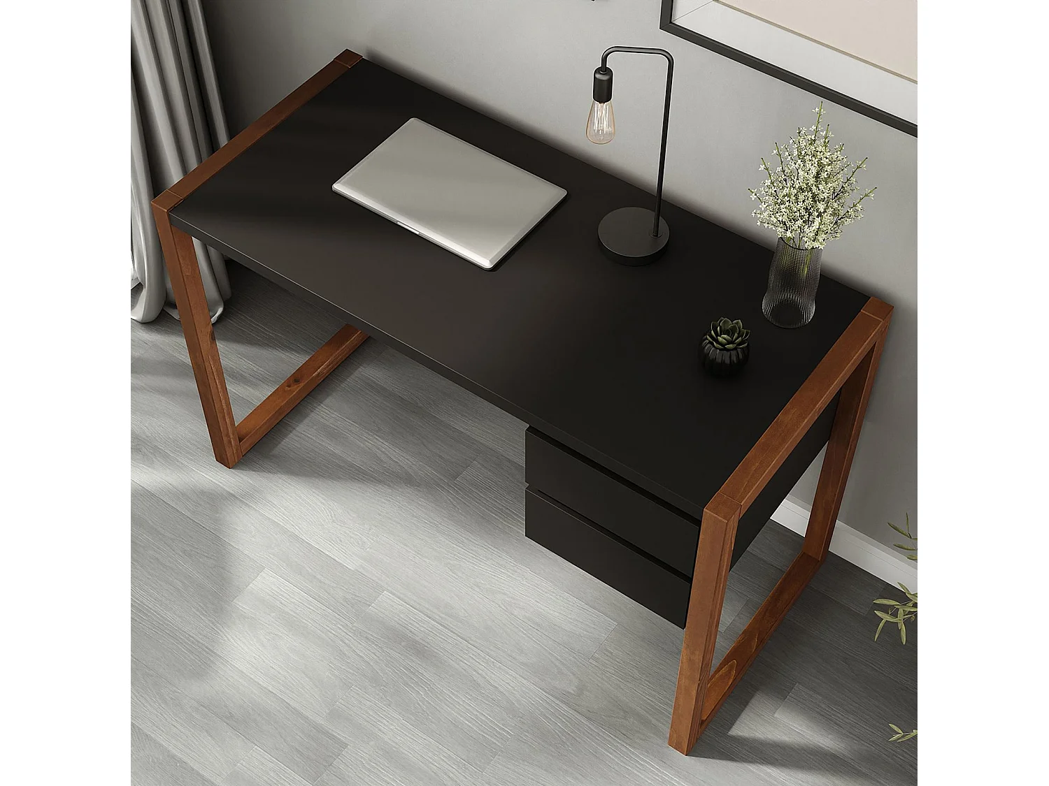 Bureau en Bois Belinda L 119 cm 2 Tiroirs Coloris Noir et Châtaignier Table de Travail Bureau Droit Compact