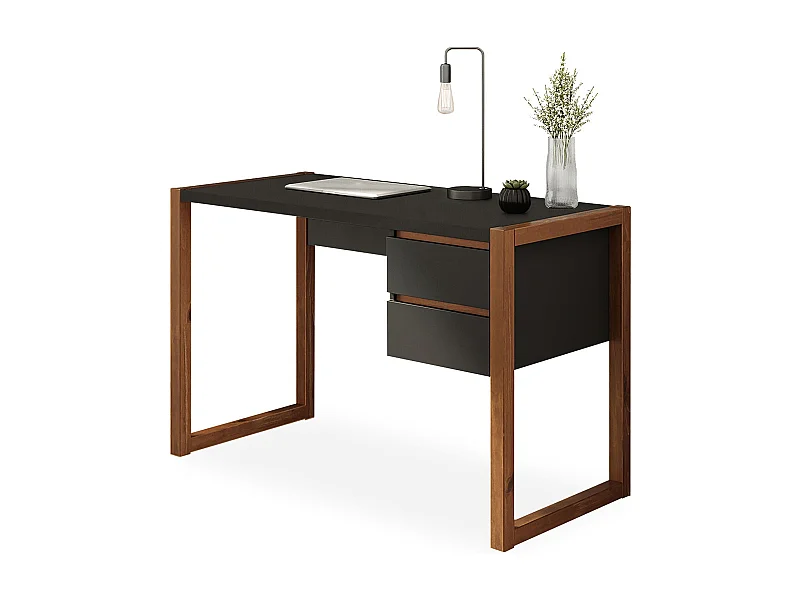 Bureau en Bois Belinda L 119 cm 2 Tiroirs Coloris Noir et Châtaignier Table de Travail Bureau Droit Compact