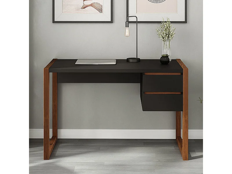 Bureau en Bois Belinda L 119 cm 2 Tiroirs Coloris Noir et Châtaignier Table de Travail Bureau Droit Compact