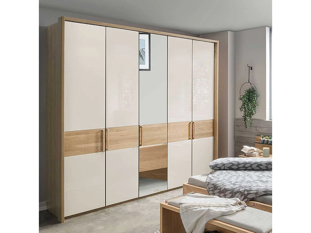 Schlafzimmerkleiderschrank in Beige Glas beschichtet Eiche Massivholz