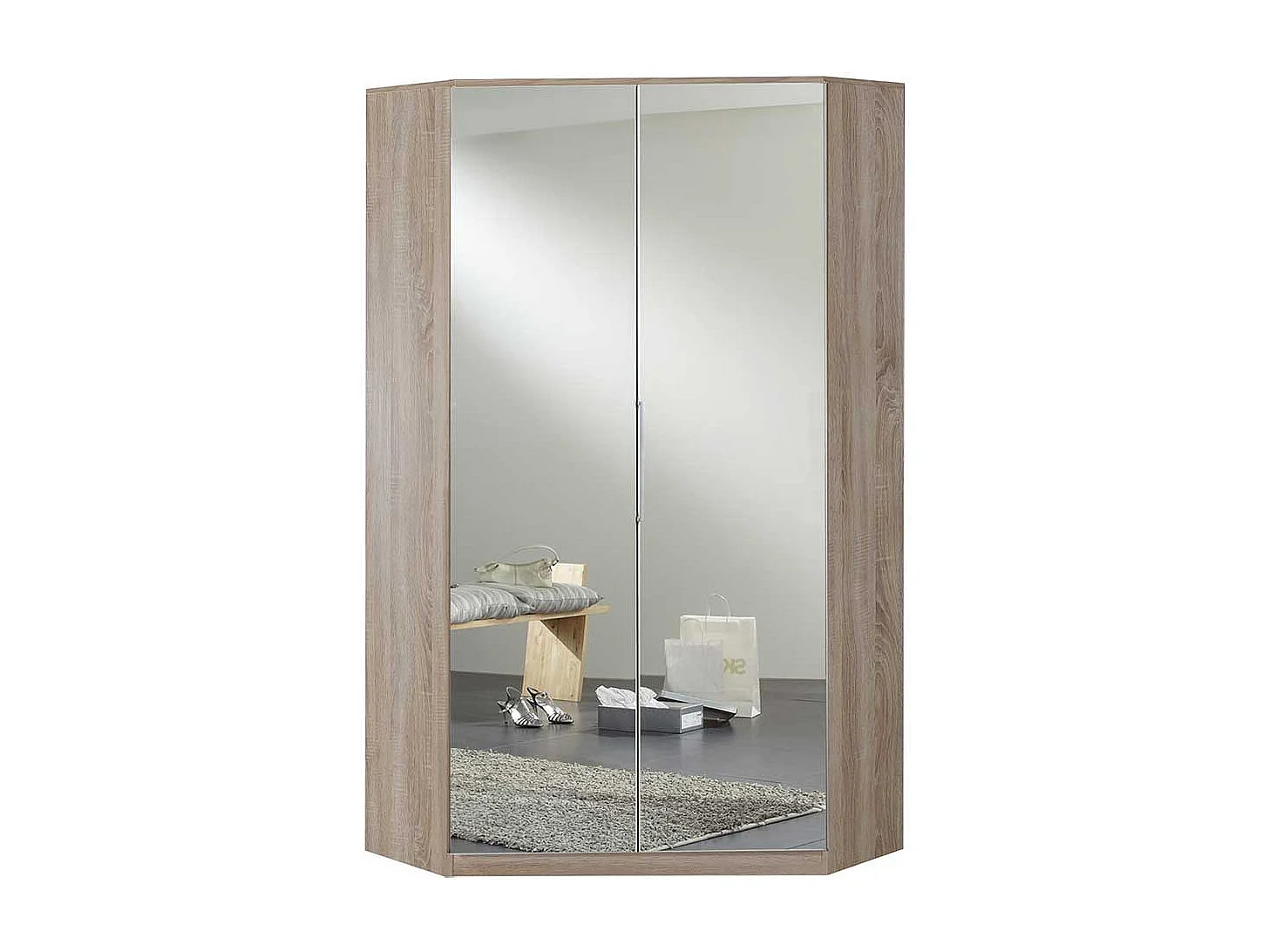 Eckkleiderschrank mit Spiegeltüren in Eiche Sägerau 199 cm hoch