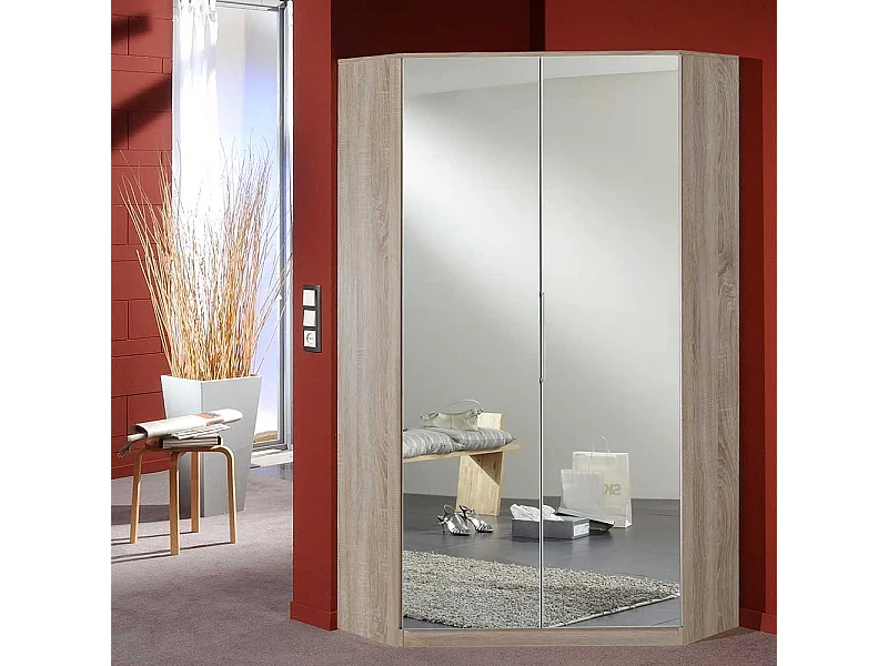 Eckkleiderschrank mit Spiegeltüren in Eiche Sägerau 199 cm hoch