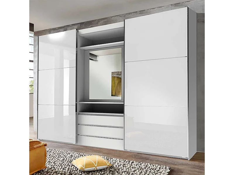 Weißer Funktionskleiderschrank mit drei Schubladen Spiegel innen