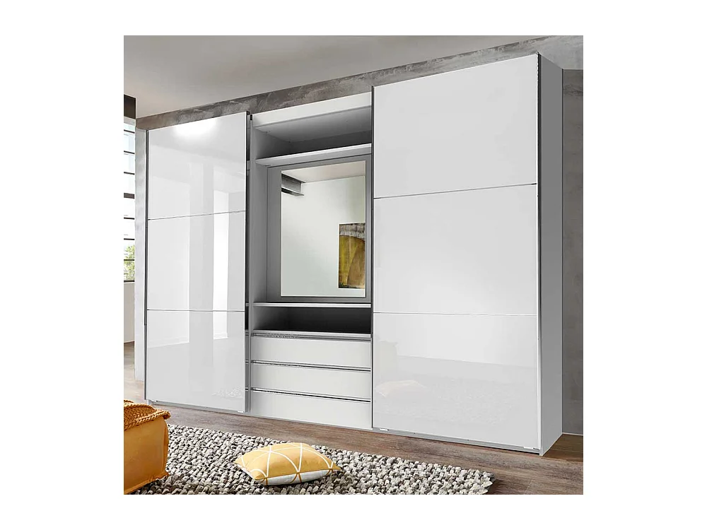 Weißer Funktionskleiderschrank mit drei Schubladen Spiegel innen