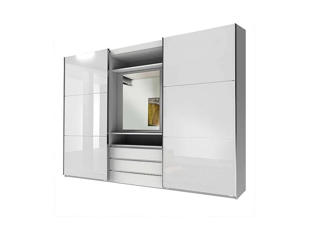 Weißer Funktionskleiderschrank mit drei Schubladen Spiegel innen