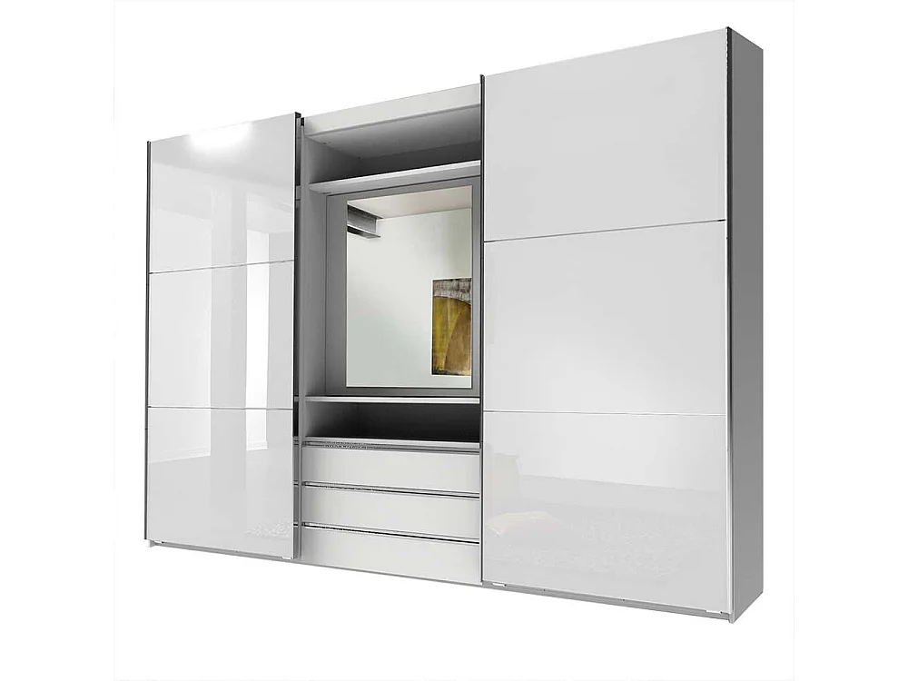 Weißer Funktionskleiderschrank mit drei Schubladen Spiegel innen