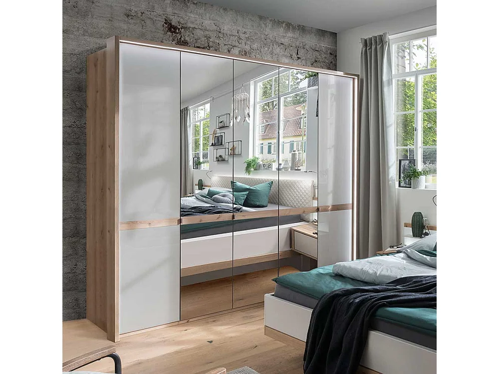 Schlafzimmerkleiderschrank in Beige und Eiche Bianco Spiegeltüren