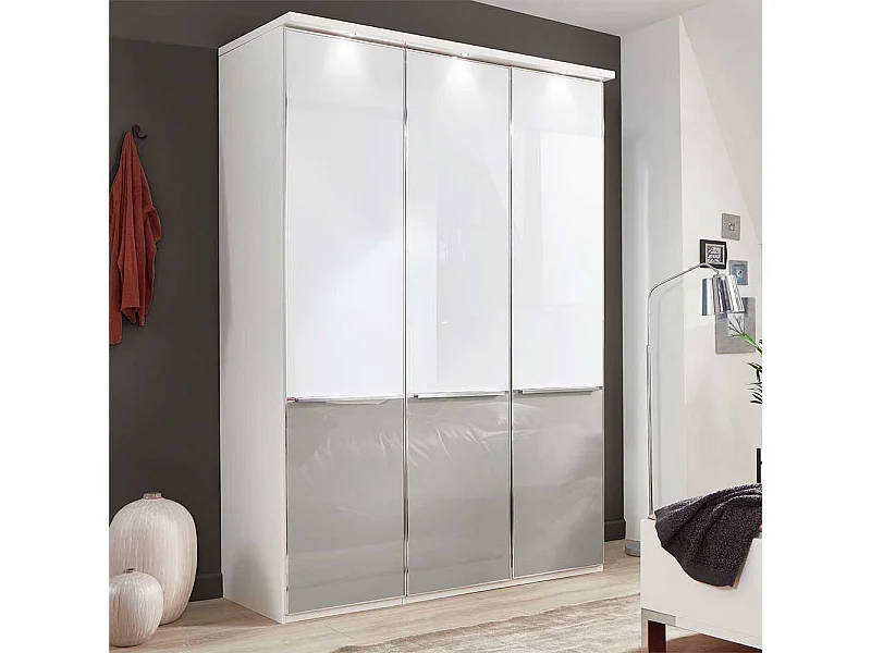 Drehtürenkleiderschrank in Weiß und Hellgrau Glas beschichtet