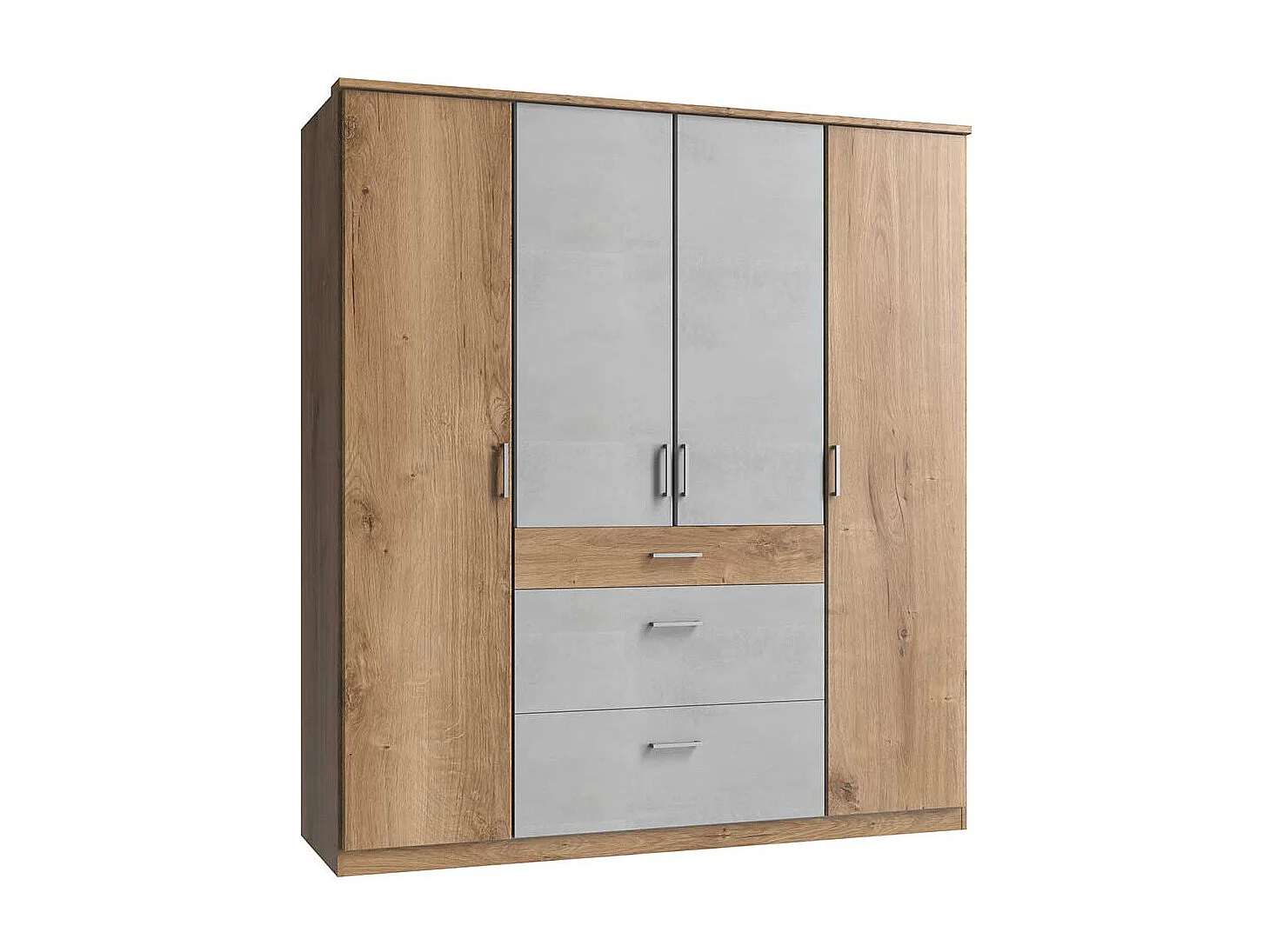 Schrank mit Türen und Schubladen in Plankeneiche Holzoptik Beton Lichtgrau