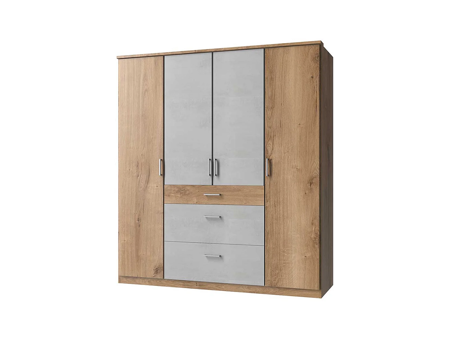 Schrank mit Türen und Schubladen in Plankeneiche Holzoptik Beton Lichtgrau