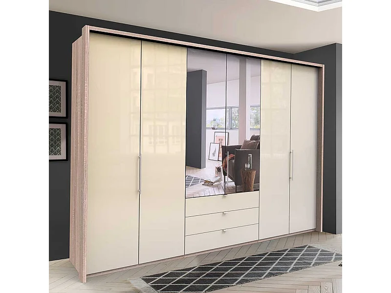 Panorama Falttüren Schrank mit Spiegel und Schubladen glasbeschichtet