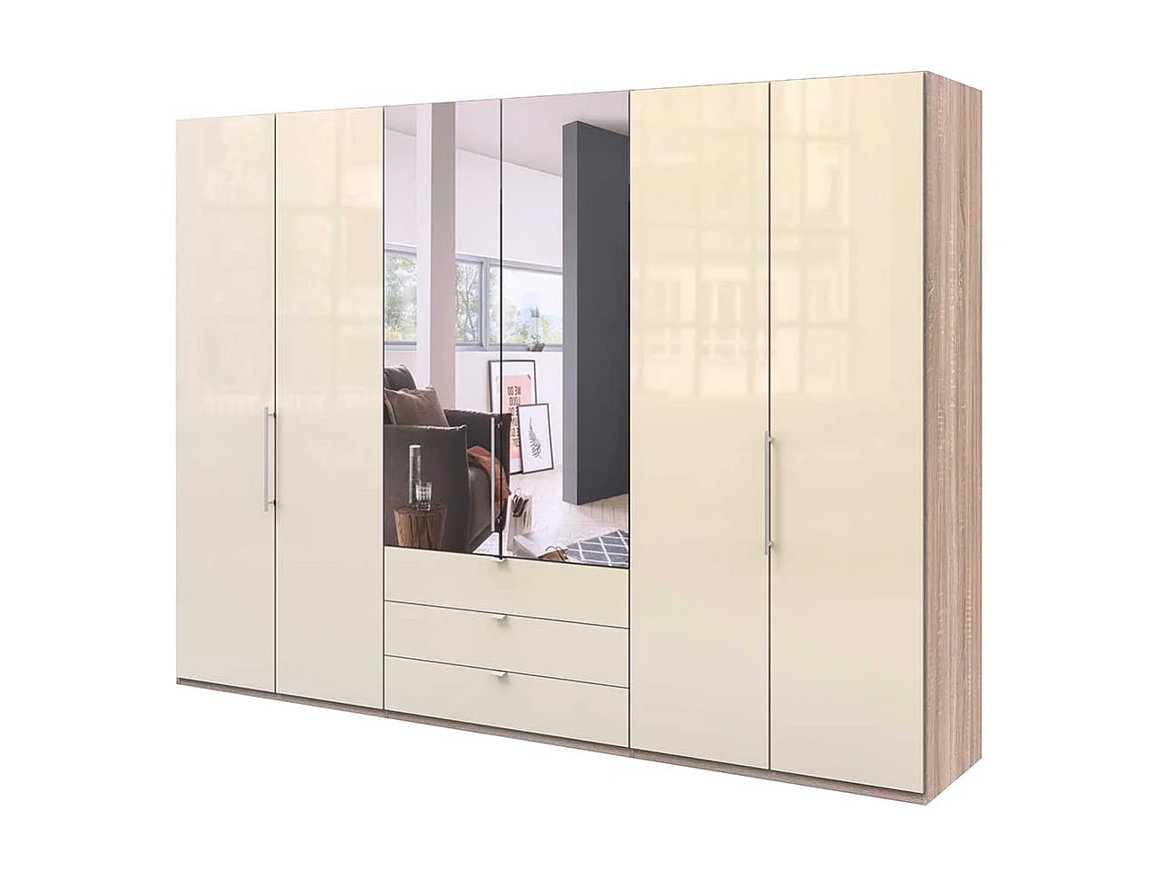 Panorama Falttüren Schrank mit Spiegel und Schubladen glasbeschichtet