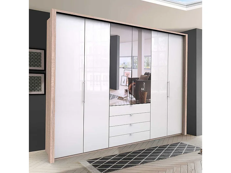 Spiegel Schlafzimmerkleiderschrank mit Falttüren und Schubladen glasbeschichtet