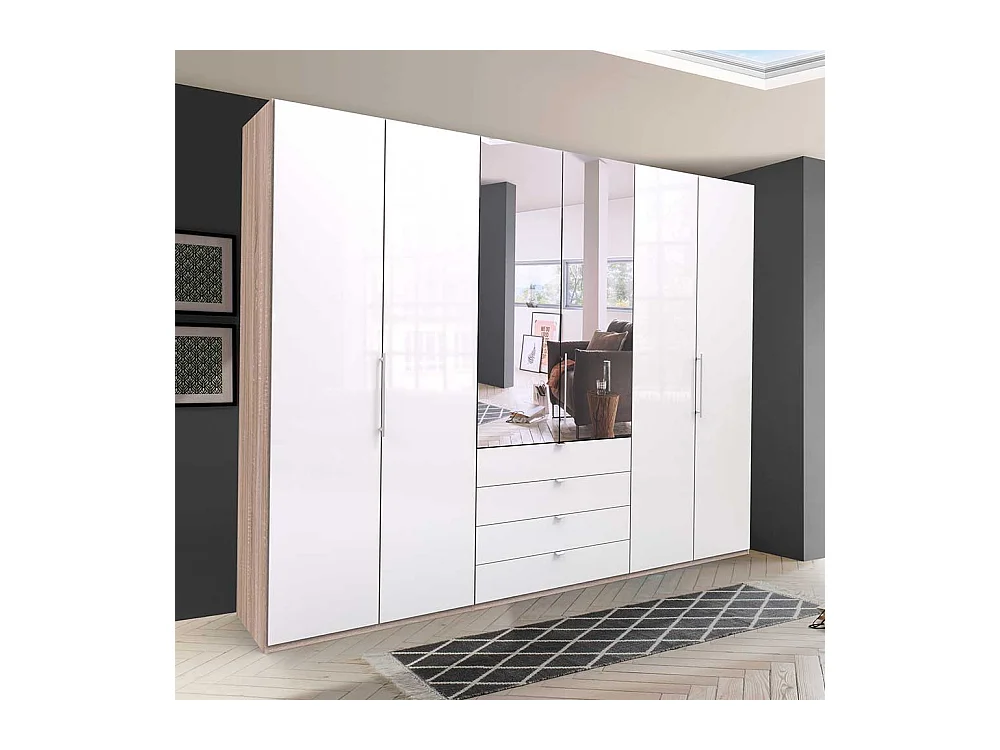 Spiegel Schlafzimmerkleiderschrank mit Falttüren und Schubladen glasbeschichtet