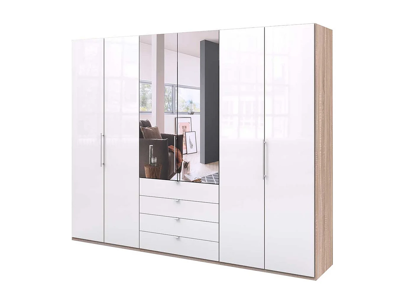 Spiegel Schlafzimmerkleiderschrank mit Falttüren und Schubladen glasbeschichtet