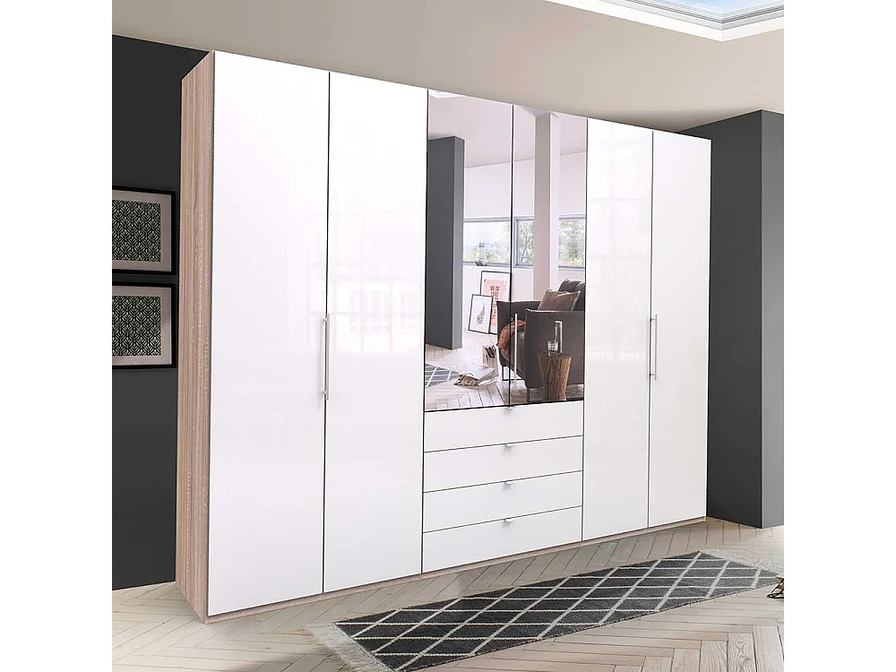 Spiegel Schlafzimmerkleiderschrank mit Falttüren und Schubladen glasbeschichtet