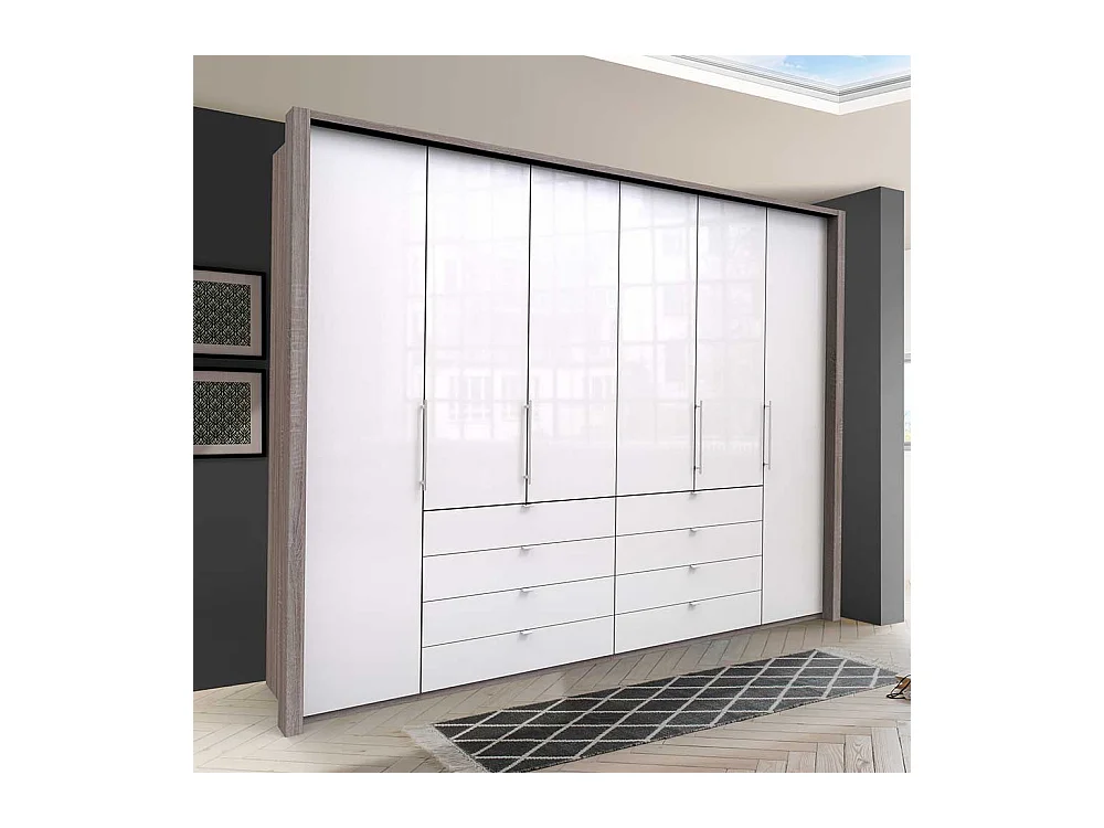 Schlafzimmerkleiderschrank in Weiß und Eiche Trüffelfarben acht Schubladen