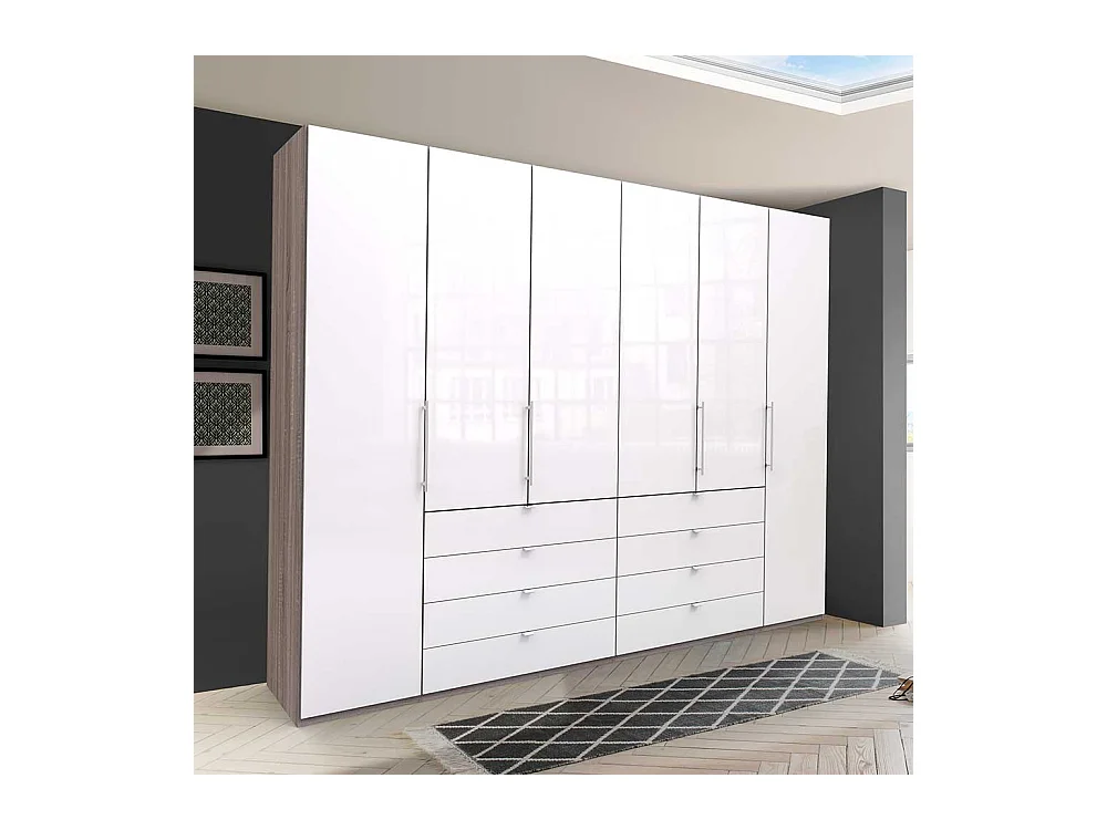 Schlafzimmerkleiderschrank in Weiß und Eiche Trüffelfarben acht Schubladen