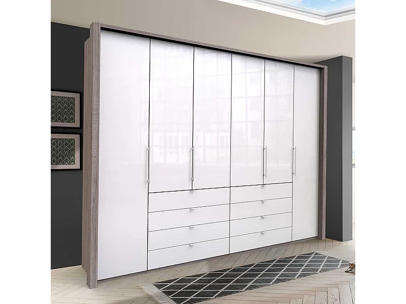 Schlafzimmerkleiderschrank in Weiß und Eiche Trüffelfarben acht Schubladen