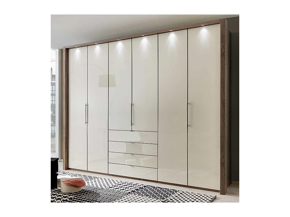 Schlafzimmerkleiderschrank in Beige und Eiche Trüffelfarben glasbeschichtet