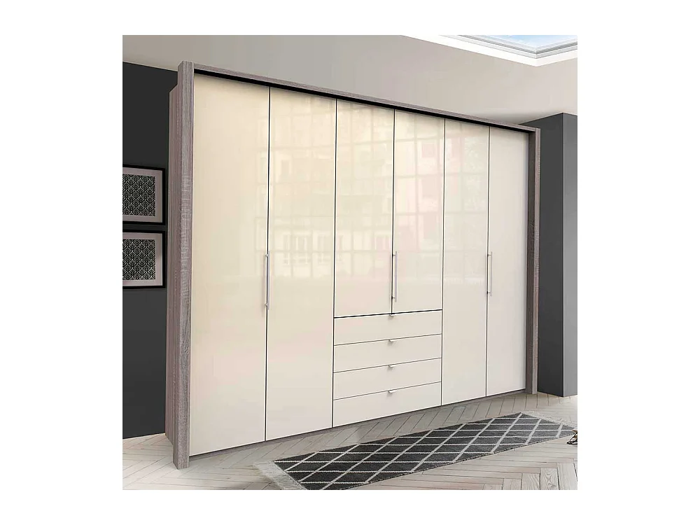 Schlafzimmerkleiderschrank in Beige und Eiche Trüffelfarben glasbeschichtet