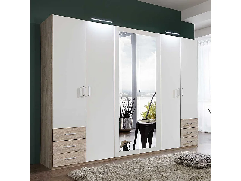 XL Drehtürenkleiderschrank in Eiche Sägerau und Weiß sechs Schubladen