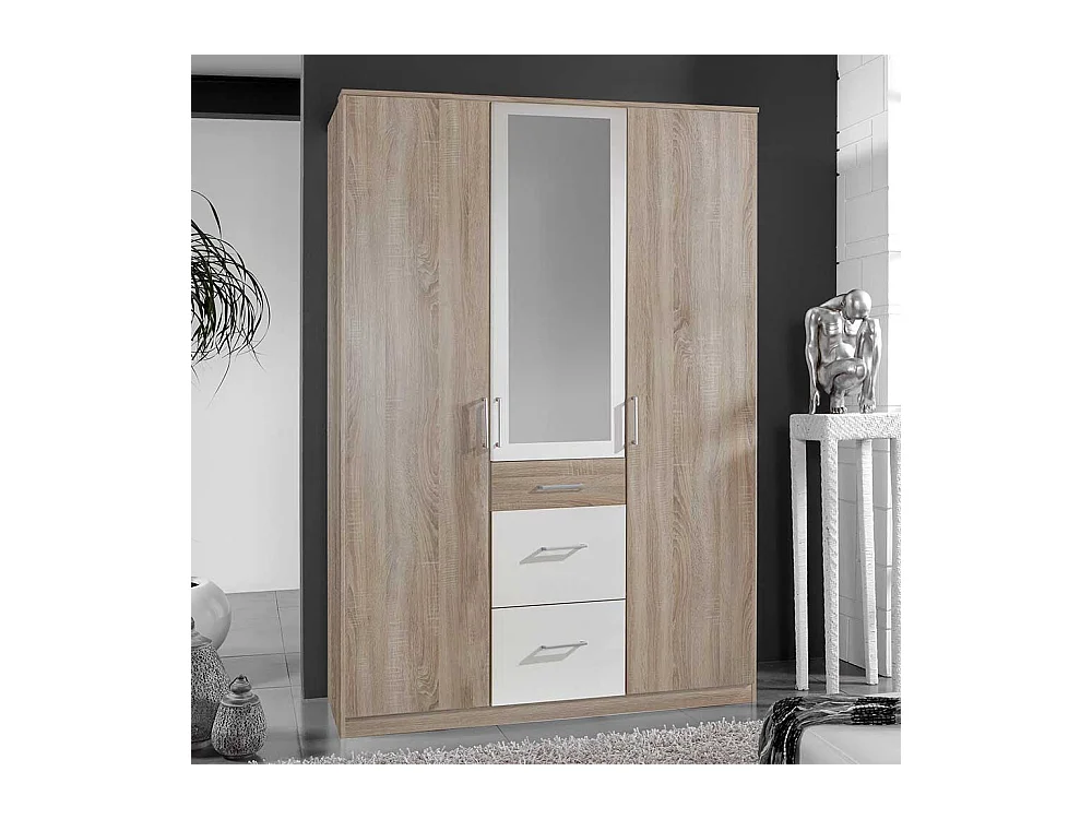 Schlafzimmerkleiderschrank mit Spiegel in Eiche Sägerau Weiß