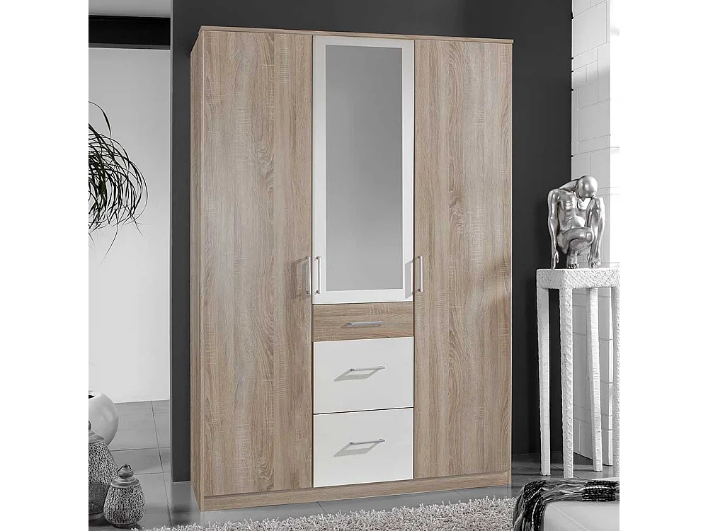 Schlafzimmerkleiderschrank mit Spiegel in Eiche Sägerau Weiß