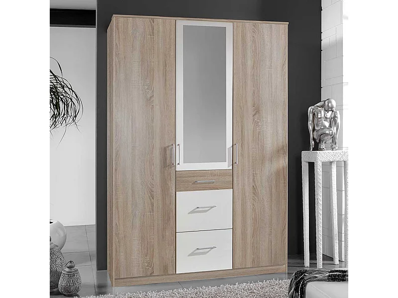 Schlafzimmerkleiderschrank mit Spiegel in Eiche Sägerau Weiß