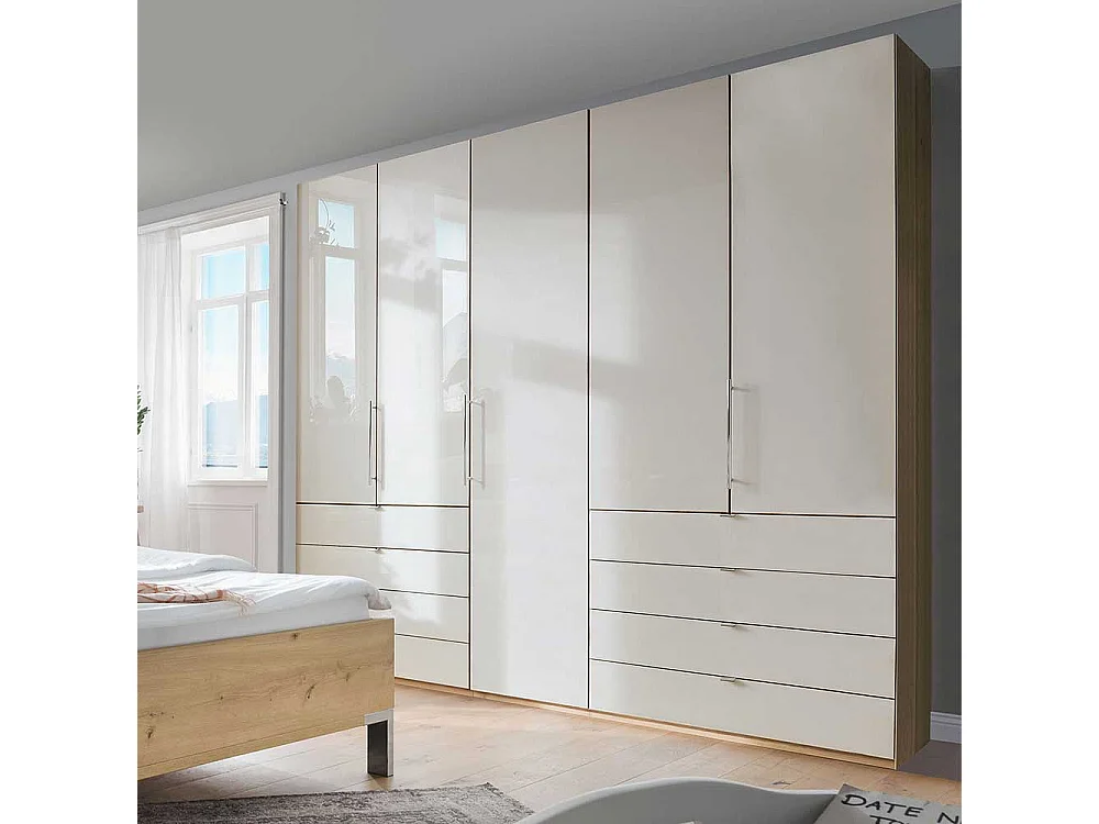 Falttüren Schlafzimmerkleiderschrank in Beige und Eiche Bianco Made in Germany