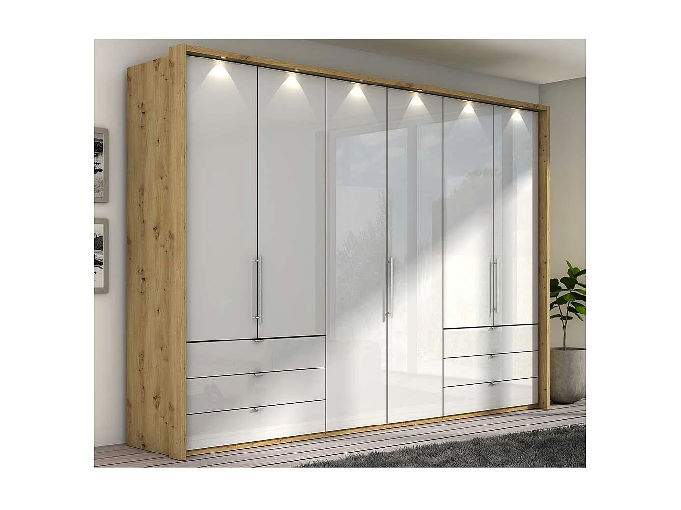 Schlafzimmerkleiderschrank in Weiß und Eiche Bianco Falttüren