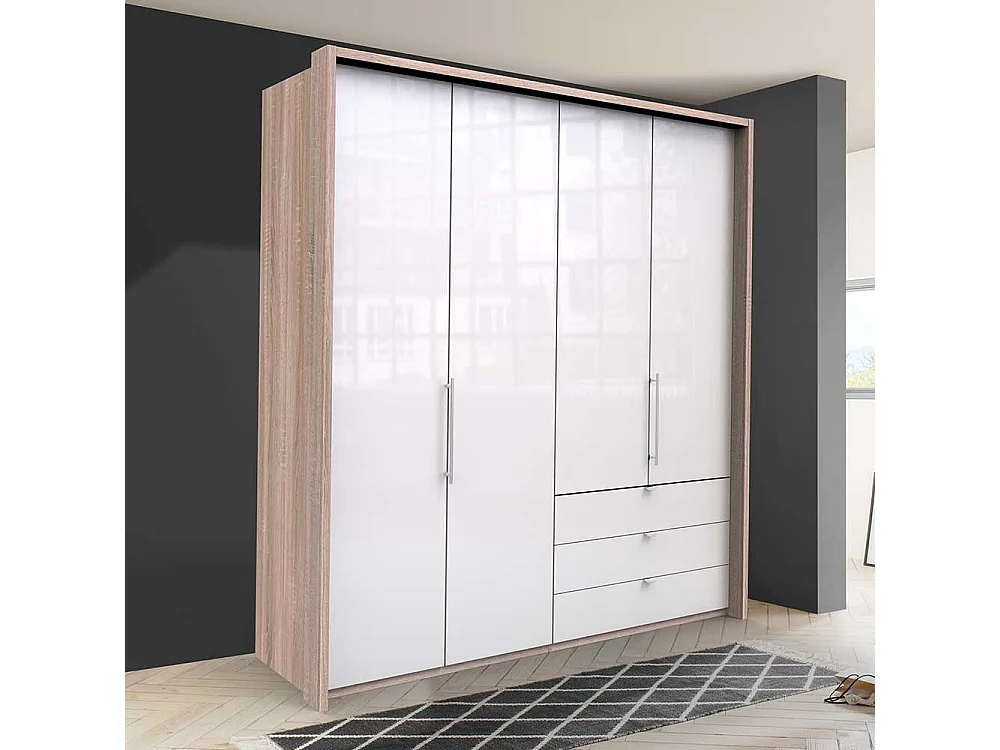 Moderner Falttüren Schrank in Weiß Eiche Sägerau glasbeschichtet