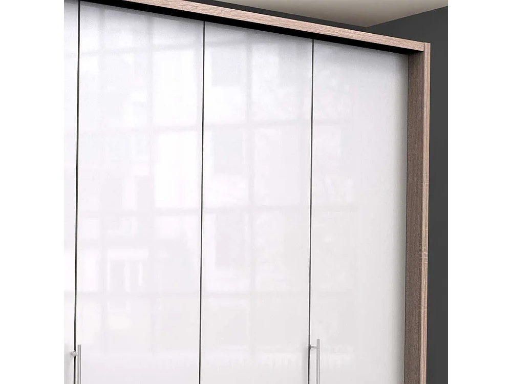 Moderner Falttüren Schrank in Weiß Eiche Sägerau glasbeschichtet