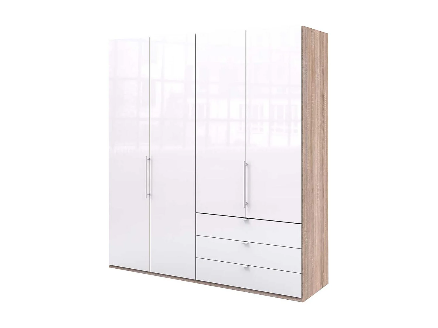 Moderner Falttüren Schrank in Weiß Eiche Sägerau glasbeschichtet