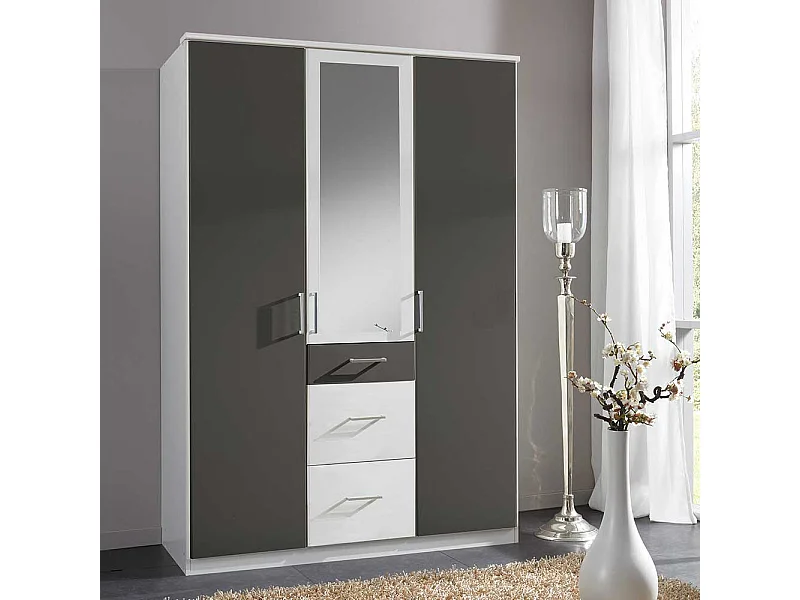 Schrank Dunkelgrau Weiß mit drei Schubladen Spiegeltür