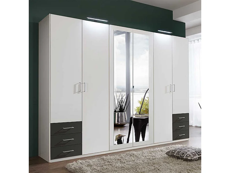 XL Schlafzimmerkleiderschrank in Weiß und Dunkelgrau Spiegeltüren