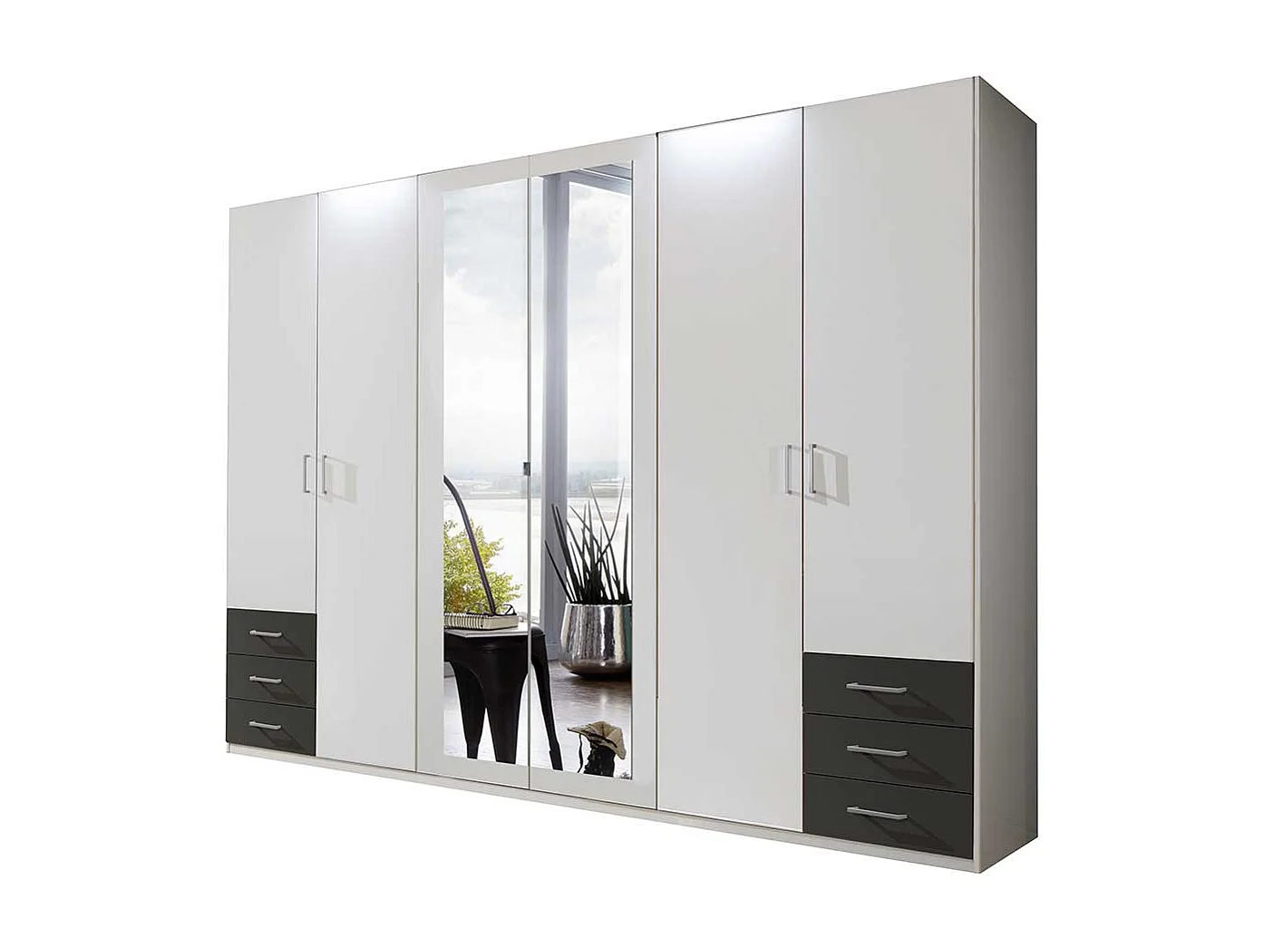 XL Schlafzimmerkleiderschrank in Weiß und Dunkelgrau Spiegeltüren