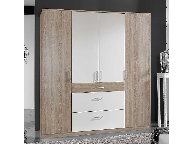Drehtürenkleiderschrank in Eiche Sägerau und Weiß drei Schubladen