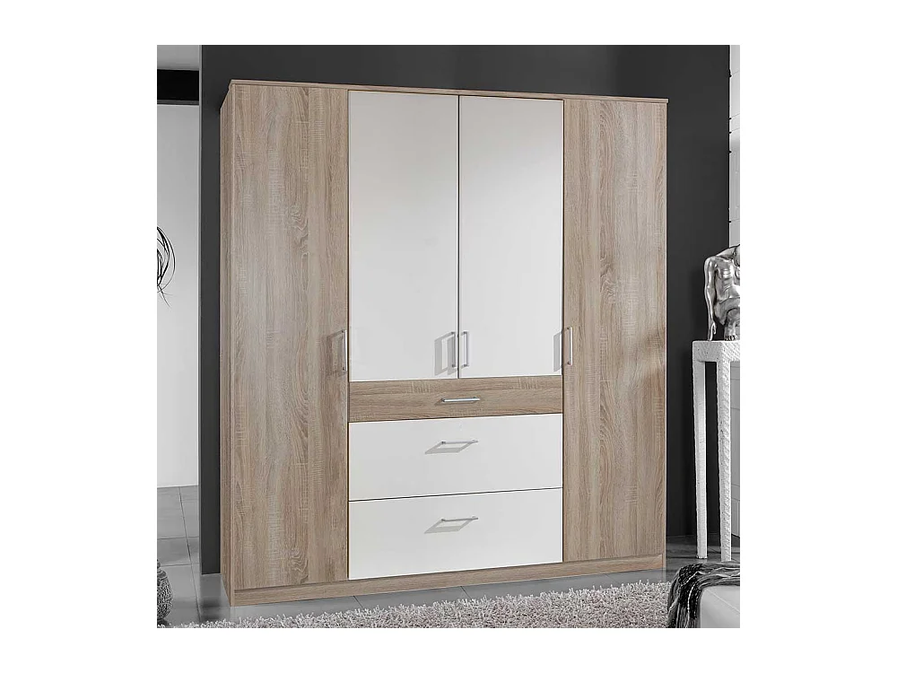 Drehtürenkleiderschrank in Eiche Sägerau und Weiß drei Schubladen