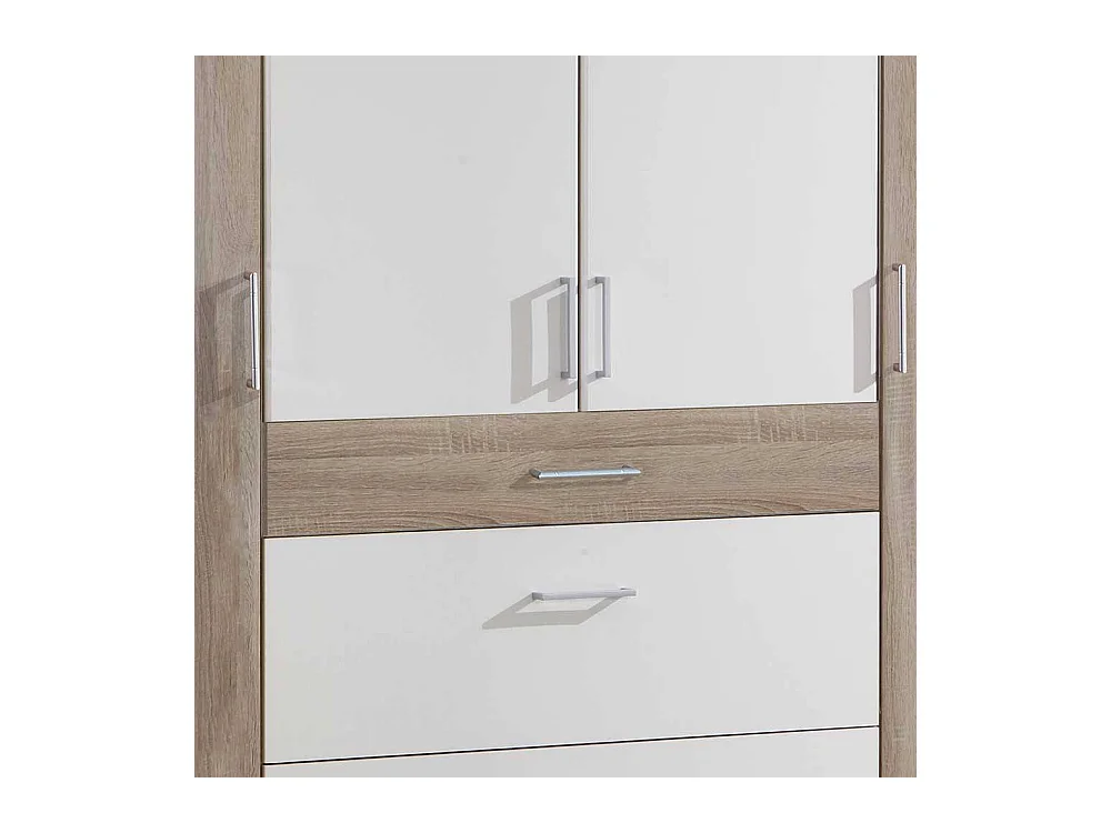 Drehtürenkleiderschrank in Eiche Sägerau und Weiß drei Schubladen