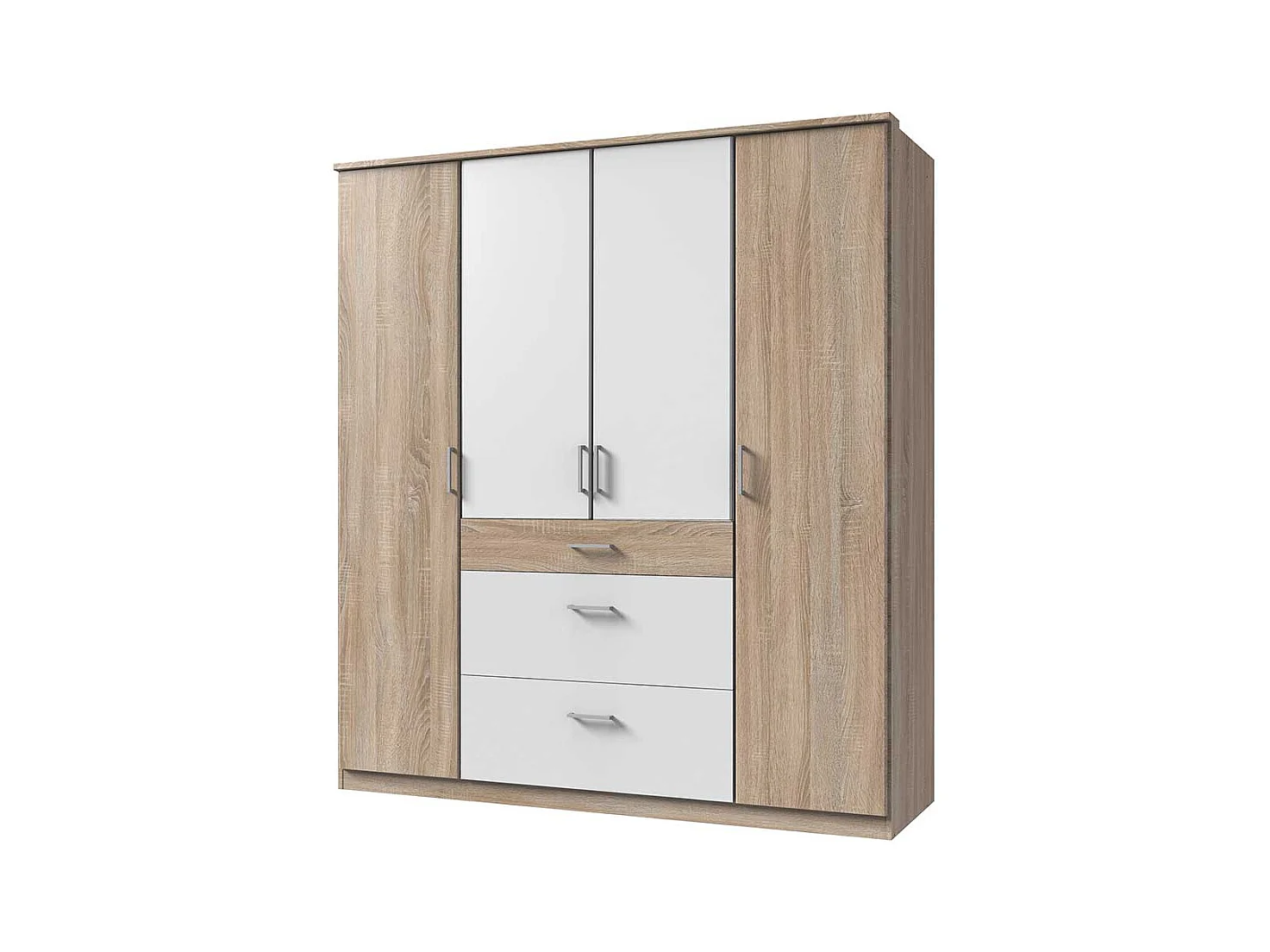 Drehtürenkleiderschrank in Eiche Sägerau und Weiß drei Schubladen