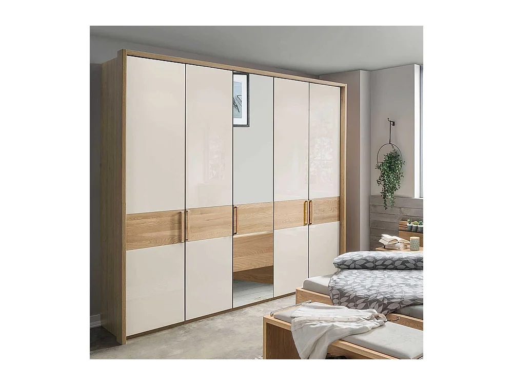 Schlafzimmerkleiderschrank in Beige Glas beschichtet Eiche Massivholz