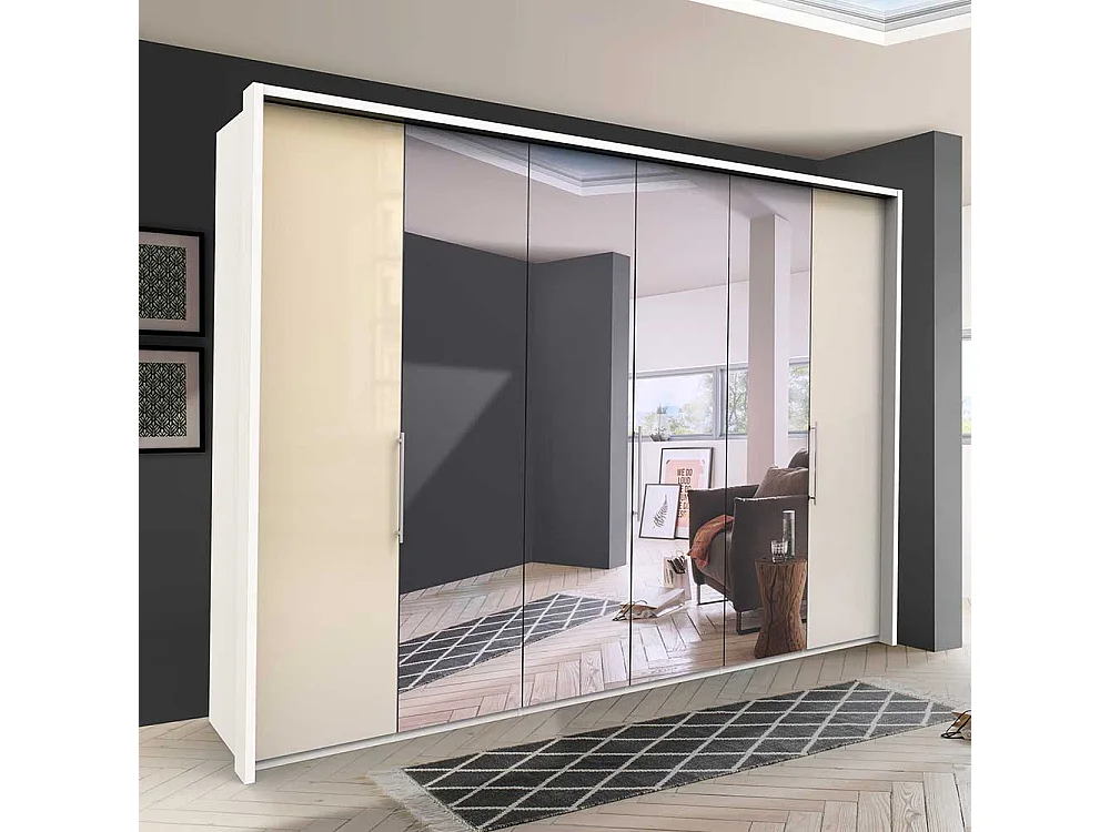 Falttürenkleiderschrank mit Spiegel Cremefarben